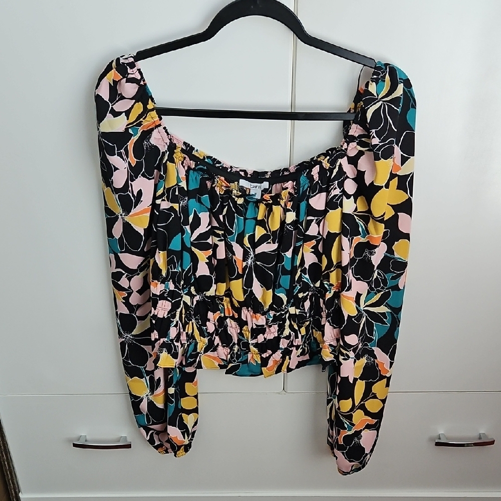 Bar III Blue and Orange Ruched Puffed Sleeve Blouse